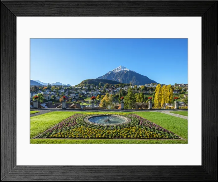 Framed Print : View from the Spiez palace gardens on Spiez and Niesen mountain, Berner Oberland Framed Print : View from the Spiez palace gardens on Spiez and Niesen mountain, Berner Oberland