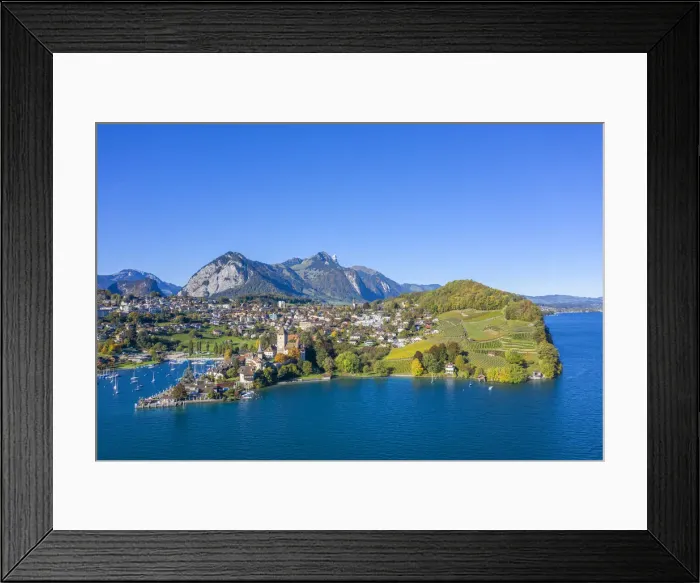 Framed Print : Aerial view on Spiez and Lake Thun, Berner Oberland, Switzerland