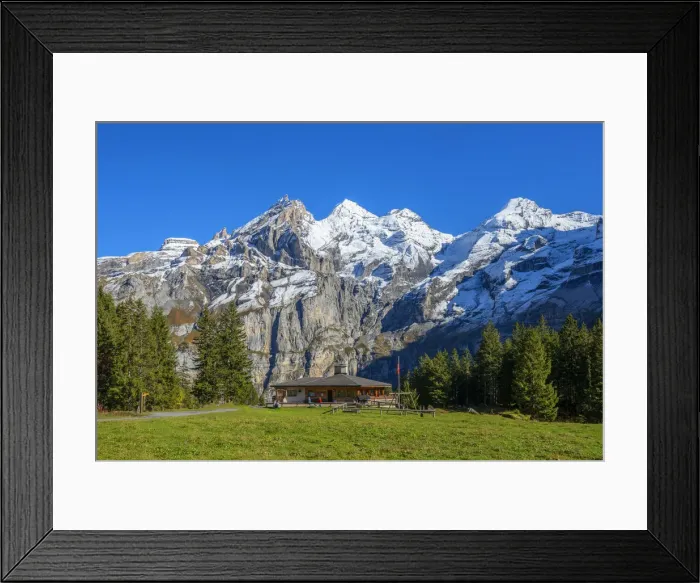 Framed Print : View on Blumlisalp mountain range with Lager hut, Kandersteg, Berner Oberland, Switzerland Framed Print : View on Blumlisalp mountain range with Lager hut, Kandersteg, Berner Oberland, Switzerland
