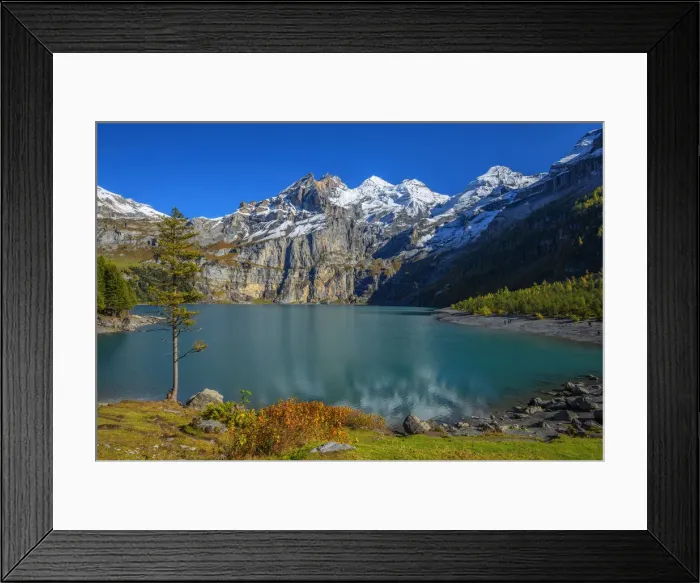 Framed Print : Lake Oeschinen with Blumlisalp mountain range, Kandersteg, Berner Oberland, Switzerland