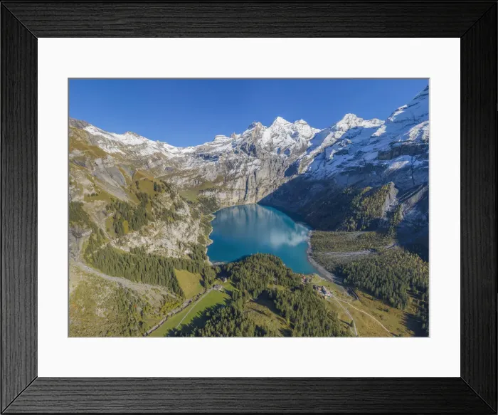 Framed Print : Aerial view on Lake Oeschinen with Blumlisalp mountain range, Kandersteg, Berner Oberland, Switzerland