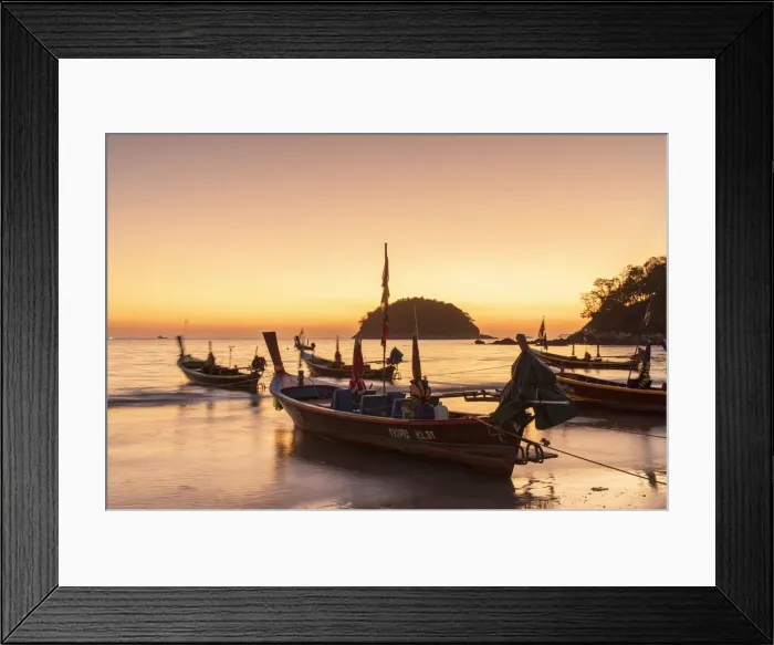 Framed Print : Long tail boats on Kata Beach at sunset, Phuket, Thailand Framed Print : Long tail boats on Kata Beach at sunset, Phuket, Thailand