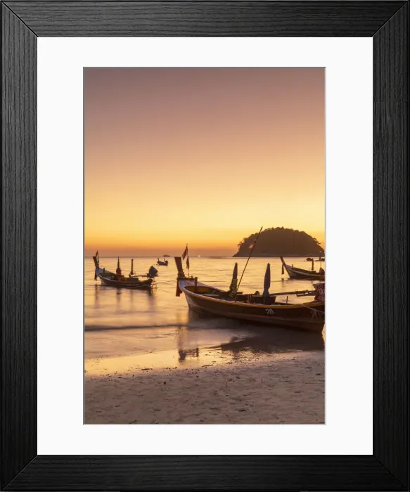 Framed Print : Long tail boats on Kata Beach at sunset, Phuket, Thailand Framed Print : Long tail boats on Kata Beach at sunset, Phuket, Thailand