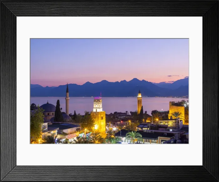 Framed Print : Yivli Minaret Mosque, Tekeli Mehmet Pasha Mosque and Clock Tower at Dusk, Kaleici Framed Print : Yivli Minaret Mosque, Tekeli Mehmet Pasha Mosque and Clock Tower at Dusk, Kaleici
