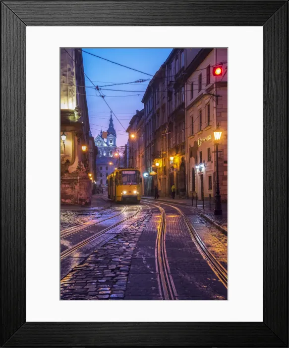 Framed Print : Ukraine, Lviv, Electric Commuter Trolley, Medieval Cobblestone Streets