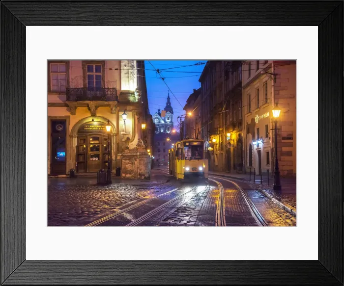 Framed Print : Ukraine, Lviv, Electric Commuter Trolley, Medieval Cobblestone Streets