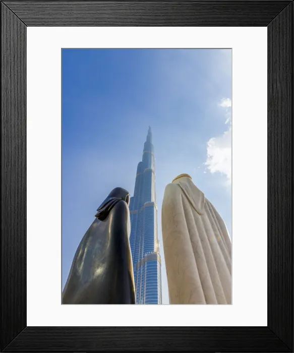 Framed Print : Burj Khalifa and the Arabic Couple Statue (Together by Lufti Romein), Dubai Framed Print : Burj Khalifa and the Arabic Couple Statue (Together by Lufti Romein), Dubai