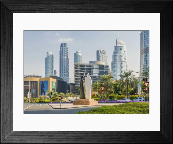 Framed Print : Downtown Dubai and the Arabic Couple Statue (Together by Lufti Romein), Dubai Framed Print : Downtown Dubai and the Arabic Couple Statue (Together by Lufti Romein), Dubai
