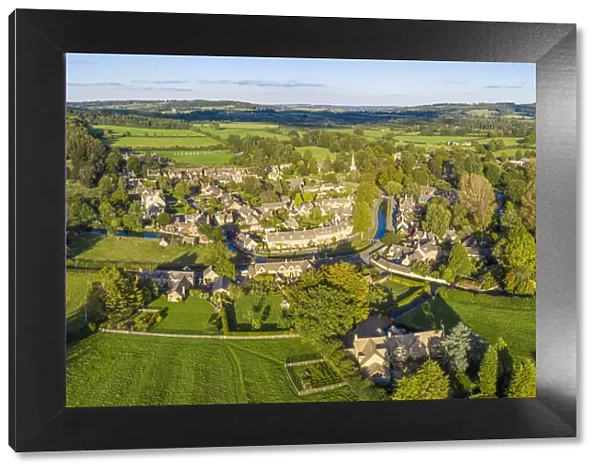 Aerial view over the village of Lower Slaughther in the Cotswolds, Gloustershire, England