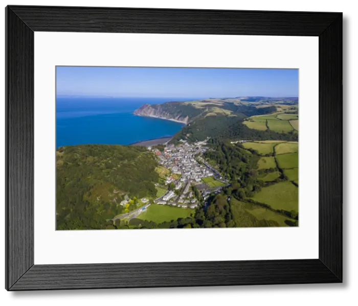 Framed Print : Aerial view of Lynton, Emoor National Park, North Devon, England Framed Print : Aerial view of Lynton, Emoor National Park, North Devon, England