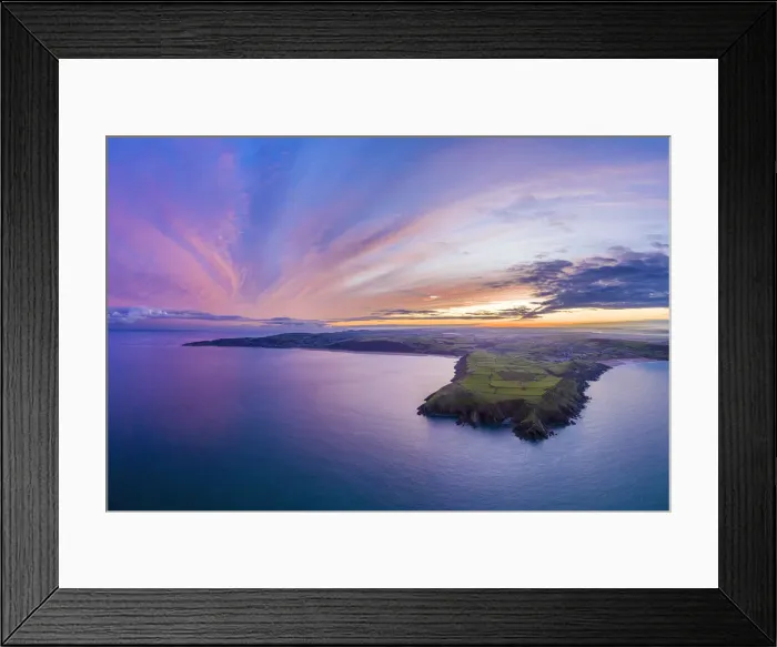 Framed Print : Aerial sunrise view over Baggy Point towards Woolacombe, Morte Bay, North Devon, England Framed Print : Aerial sunrise view over Baggy Point towards Woolacombe, Morte Bay, North Devon, England