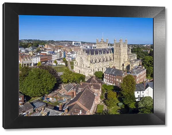 Aerial view over Exeter city centre and Exeter Cathedral, Exeter, Devon, England