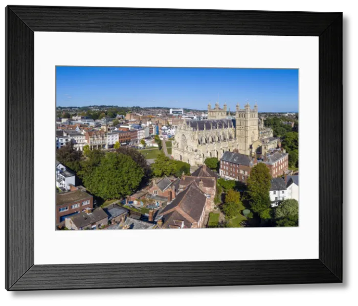Framed Print : Aerial view over Exeter city centre and Exeter Cathedral, Exeter, Devon, England Framed Print : Aerial view over Exeter city centre and Exeter Cathedral, Exeter, Devon, England