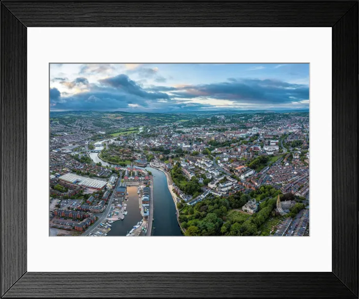 Framed Print : Aerial view over Exeter city centre and the river Exe, Devon, England Framed Print : Aerial view over Exeter city centre and the river Exe, Devon, England