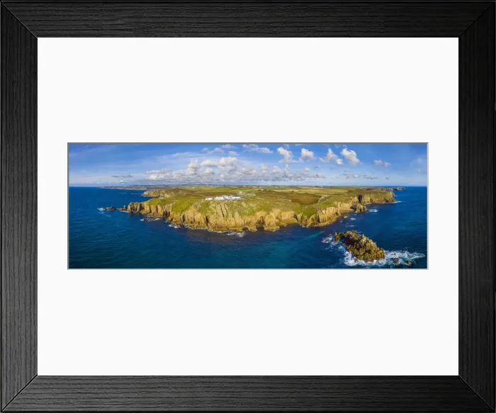 Framed Print : Aerial view of Lands End, Penwith peninsula, most westerly point of the English Framed Print : Aerial view of Lands End, Penwith peninsula, most westerly point of the English