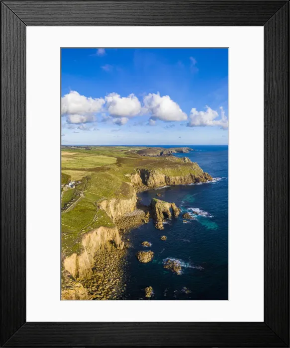 Framed Print : Aerial view of Lands End coastline, Penwith peninsula Framed Print : Aerial view of Lands End coastline, Penwith peninsula