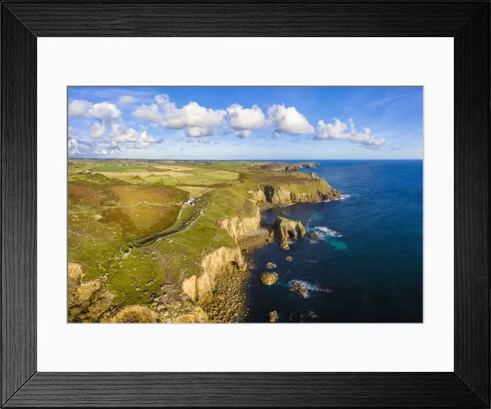 Framed Print : Aerial view of Lands End coastline, Penwith peninsula Framed Print : Aerial view of Lands End coastline, Penwith peninsula
