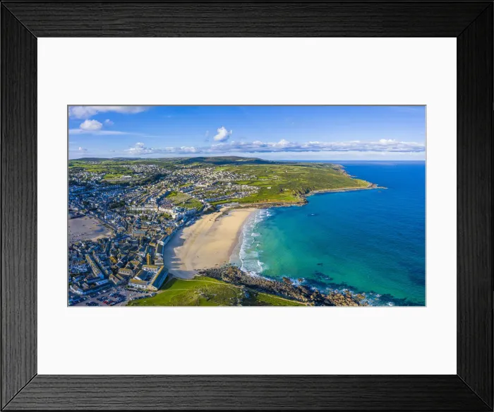 Framed Print : Aerial view of Porthmeor beach, St. Ives, Cornwall, England Framed Print : Aerial view of Porthmeor beach, St. Ives, Cornwall, England