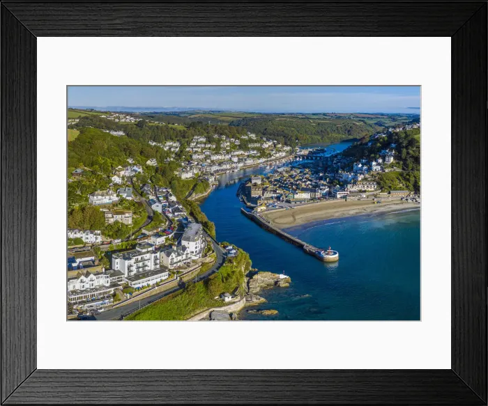 Framed Print : Aerial view over Looe, Cornish fishing town, Cornwall, England Framed Print : Aerial view over Looe, Cornish fishing town, Cornwall, England