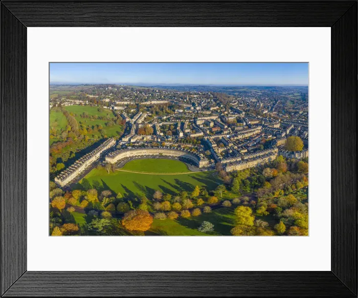 Framed Print : Aerial view over the Georgian city of Bath, Royal Victoria Park and Royal Cresent Framed Print : Aerial view over the Georgian city of Bath, Royal Victoria Park and Royal Cresent