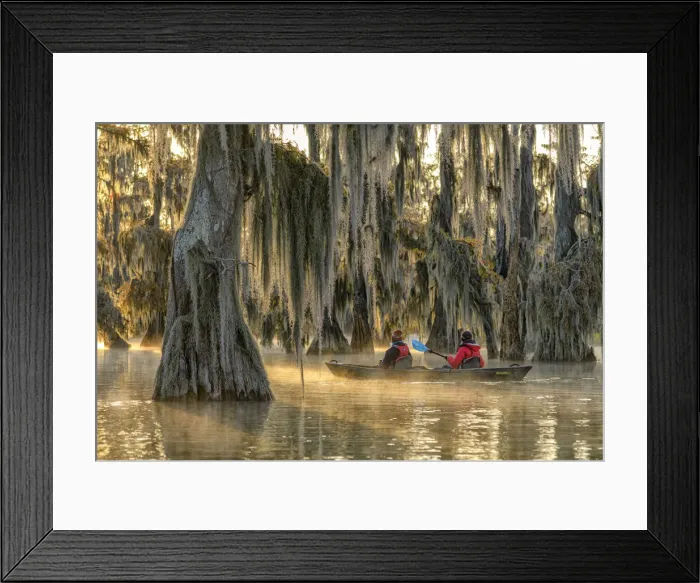 Framed Print : USA, Deep South, Louisiana, St. Martin Parish, Lake Martin, people in kayak at sunrise