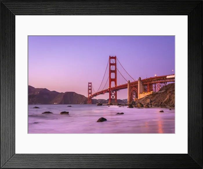 Framed Print : Famous Golden Gate Bridge over bay against purple sky during sunset, San Francisco Framed Print : Famous Golden Gate Bridge over bay against purple sky during sunset, San Francisco