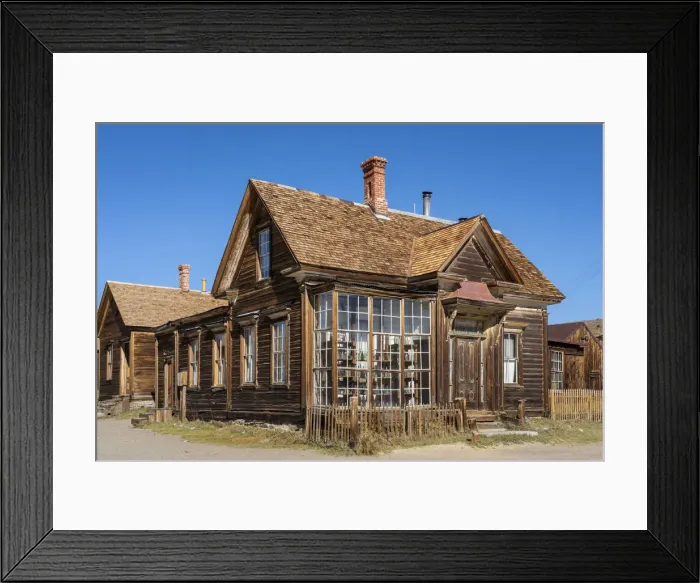 Framed Print : Facade of abandoned wooden deserted buildings in Bodie ghost town, Mono County Framed Print : Facade of abandoned wooden deserted buildings in Bodie ghost town, Mono County