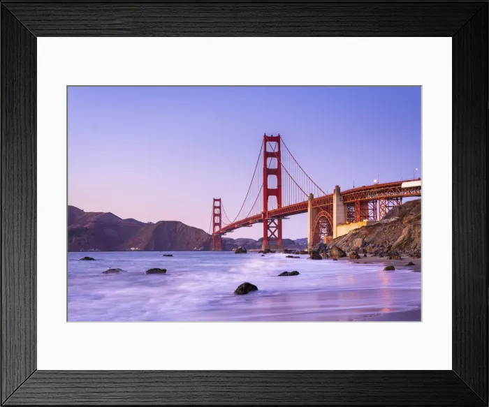 Framed Print : Famous Golden Gate Bridge over bay against blue sky during sunset, San Francisco