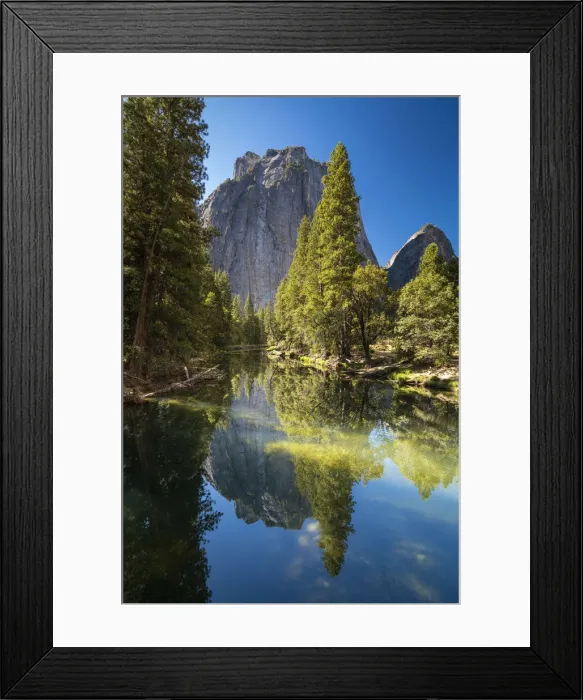 Framed Print : Reflection of trees in Merced River by Cathedral Rocks, Yosemite National Park Framed Print : Reflection of trees in Merced River by Cathedral Rocks, Yosemite National Park