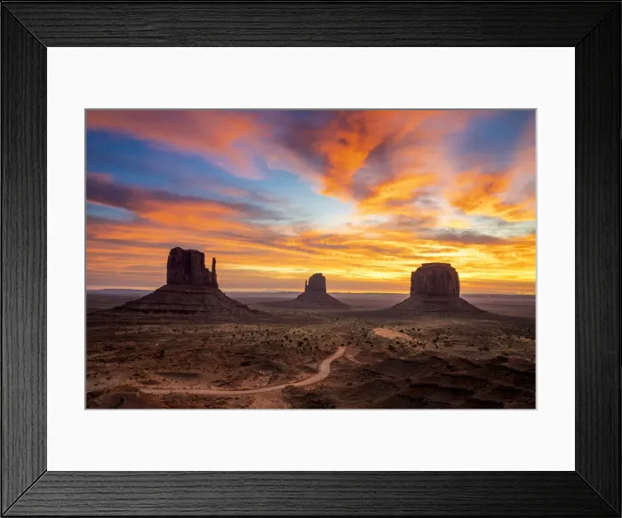 Framed Print : The Mittens against colourful cloudy sky at sunrise, Monument Valley, Arizona, USA