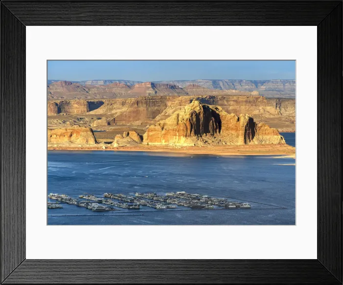 Framed Print : Rocky shore of Lake Powell and harbor for recreational boats from Wahweap Overlook, Page Framed Print : Rocky shore of Lake Powell and harbor for recreational boats from Wahweap Overlook, Page