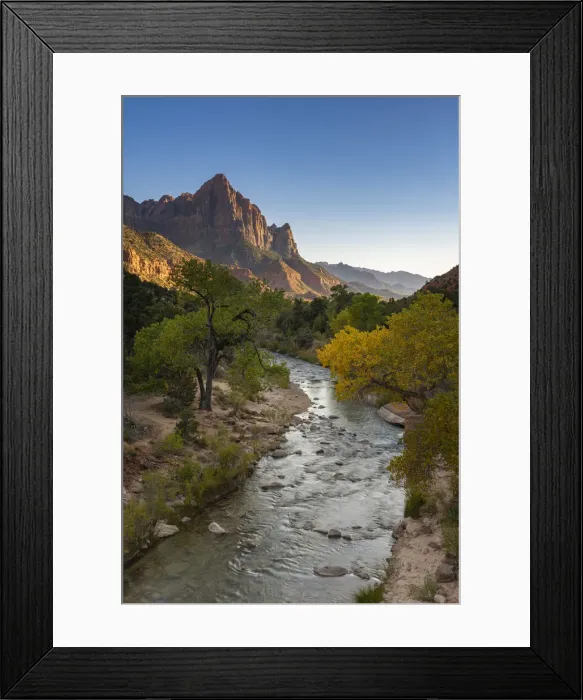 Framed Print : Scenic view of The Watchman mountain from Virgin river at sunset, Zion National Park Framed Print : Scenic view of The Watchman mountain from Virgin river at sunset, Zion National Park