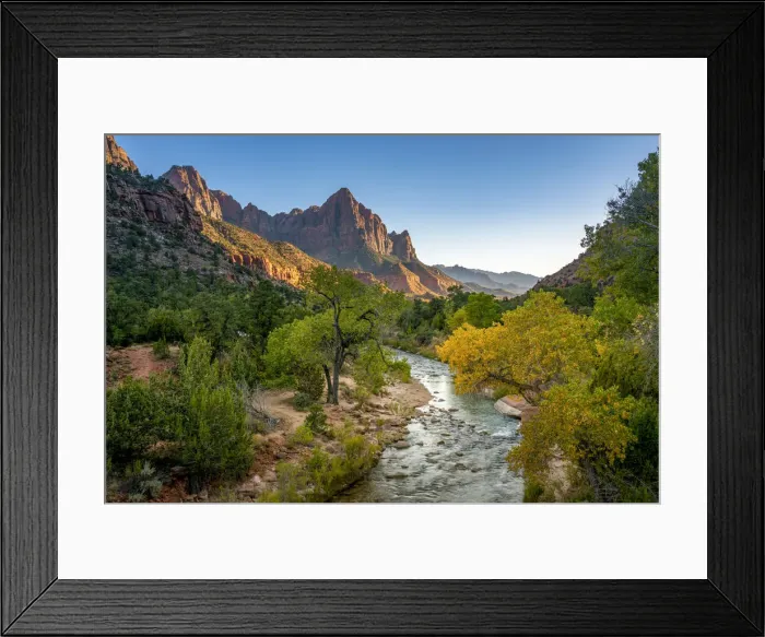 Framed Print : Scenic view of The Watchman mountain from Virgin river at sunset, Zion National Park Framed Print : Scenic view of The Watchman mountain from Virgin river at sunset, Zion National Park