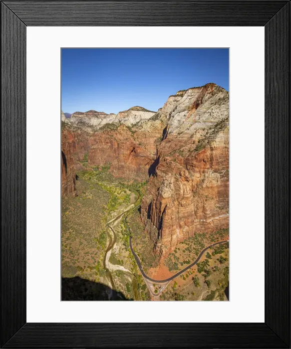 Framed Print : Scenic drive road in the valley at Big Bend under Touchstone Wall in Zion Canyon