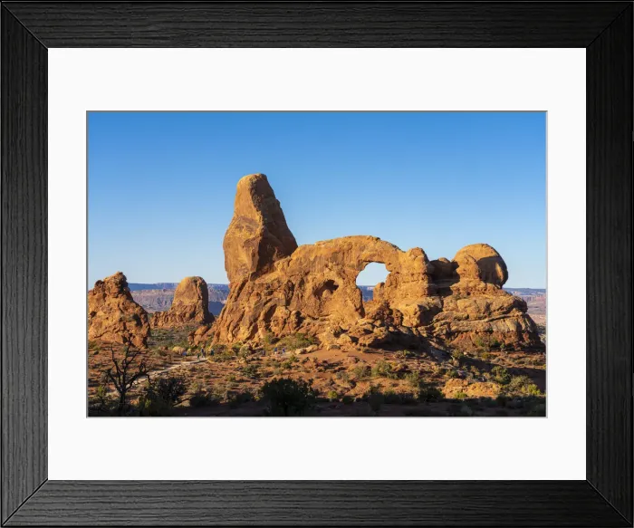 Framed Print : Tourists approaching Turret Arch against clear sky on sunny day, Arches National Park
