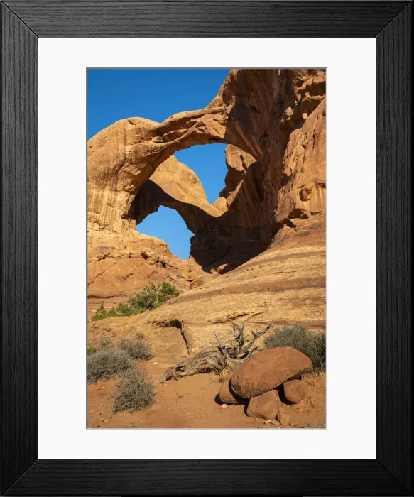 Framed Print : Low angle view of popular Double Arch on sunny day, Arches National Park, Utah, USA Framed Print : Low angle view of popular Double Arch on sunny day, Arches National Park, Utah, USA