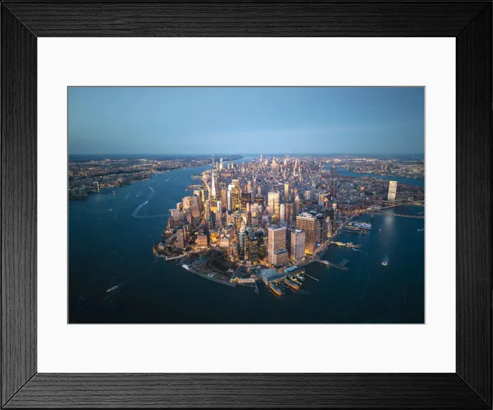 Framed Print : Manhattan, New York City, USA. Aerial view of Lower Manhattan at dusk Framed Print : Manhattan, New York City, USA. Aerial view of Lower Manhattan at dusk