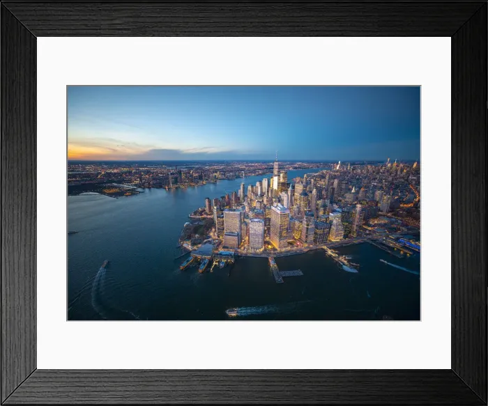 Framed Print : Manhattan, New York City, USA. Aerial view of Lower Manhattan at dusk Framed Print : Manhattan, New York City, USA. Aerial view of Lower Manhattan at dusk
