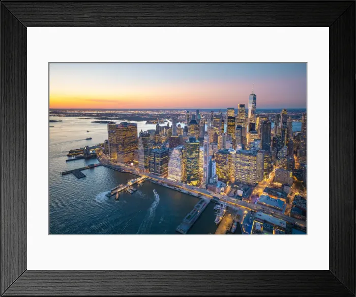 Framed Print : Lower Manhattan, New York City, USA. Aerial view of the Financial District at dusk