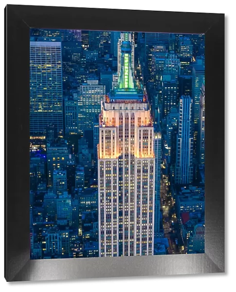 Manhattan, New York City, USA. Aerial view of the Empire State Building at dusk