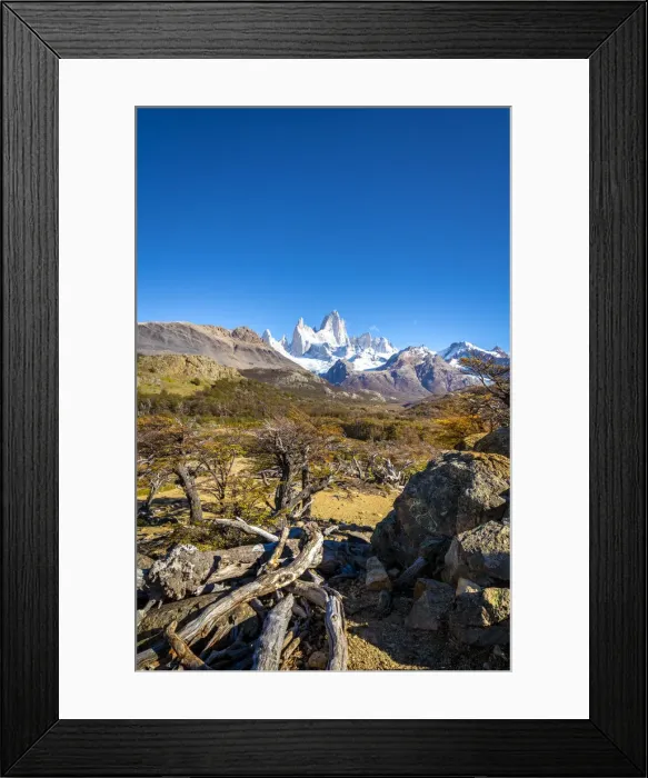 Framed Print : Fitz Roy mountain against sky viewed from trail in autumn, Los Glaciares National Park Framed Print : Fitz Roy mountain against sky viewed from trail in autumn, Los Glaciares National Park