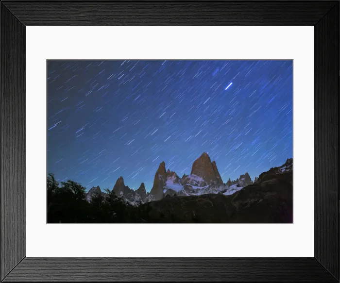 Framed Print : Fitz Roy at night with star trails from Poincenot campground, Los Glaciares National Park Framed Print : Fitz Roy at night with star trails from Poincenot campground, Los Glaciares National Park