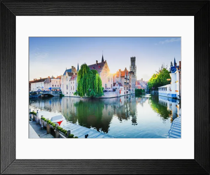 Framed Print : Bruges old town reflecting in the water canal at sunset, Belgium Framed Print : Bruges old town reflecting in the water canal at sunset, Belgium