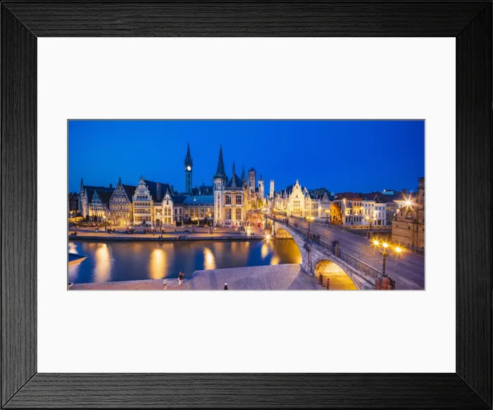 Framed Print : Elevated view of Ghent river with the waterfront buildings reflecting in the water canal Framed Print : Elevated view of Ghent river with the waterfront buildings reflecting in the water canal