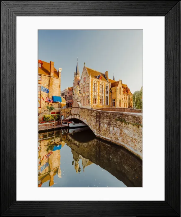 Framed Print : Bruges old city reflecting in the water canal at sunrise, Belgium Framed Print : Bruges old city reflecting in the water canal at sunrise, Belgium
