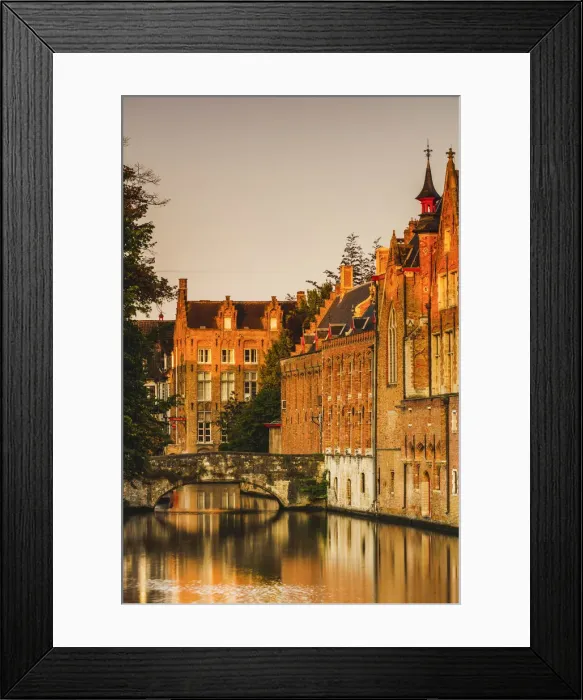Framed Print : Bruges old city reflecting in the water canal at sunrise, Belgium