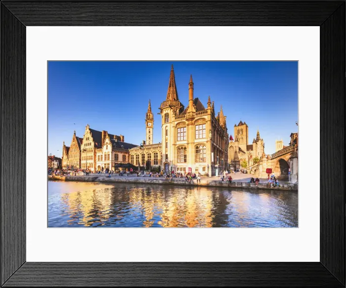Framed Print : View of Ghent river with the waterfront buildings reflecting in the water canal, Belgium Framed Print : View of Ghent river with the waterfront buildings reflecting in the water canal, Belgium