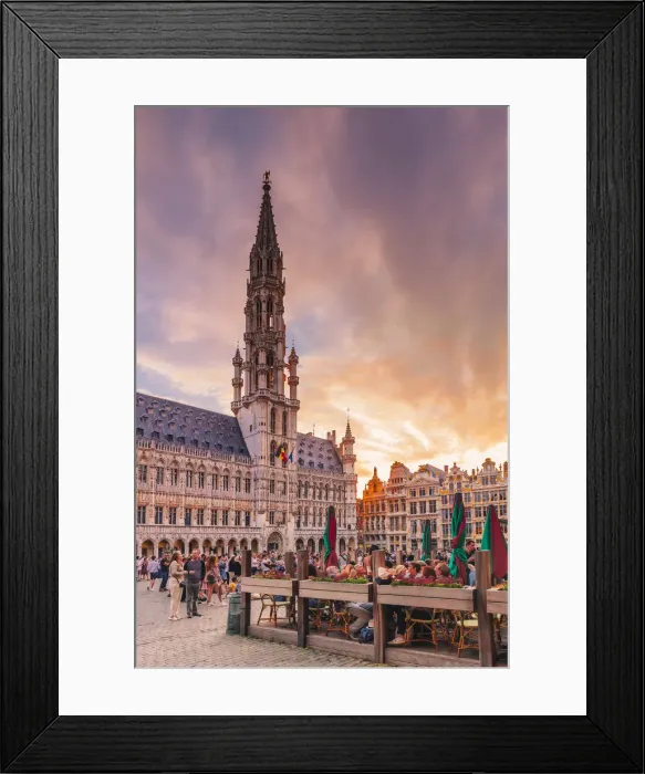 Framed Print : People walking and sitting in restaurants in the Grand Place in Brussels with the Town Framed Print : People walking and sitting in restaurants in the Grand Place in Brussels with the Town