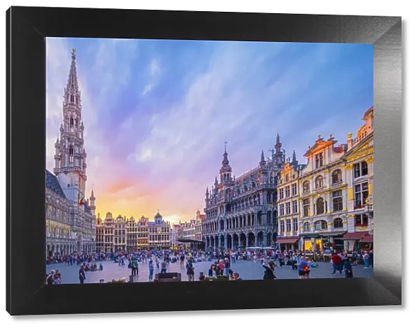 Panoramic view of the Grand Place in Brussels at dusk, Belgium