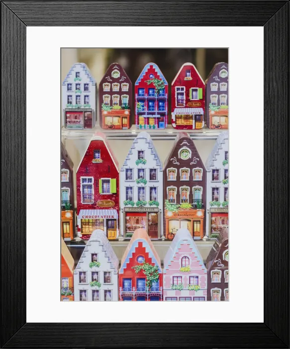 Framed Print : Miniature of the typical colored belgian houses in a shop in Bruges, Belgium Framed Print : Miniature of the typical colored belgian houses in a shop in Bruges, Belgium